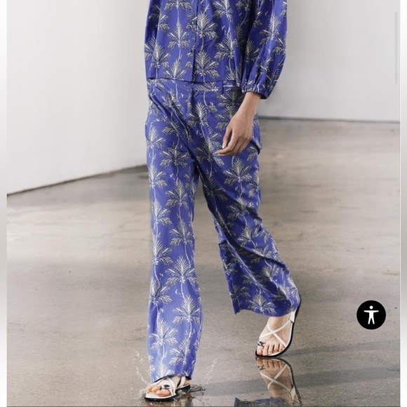 ZARA ZW Collection Printed Pants White Blue Palm Tree Cotton - Picture 1 of 8
